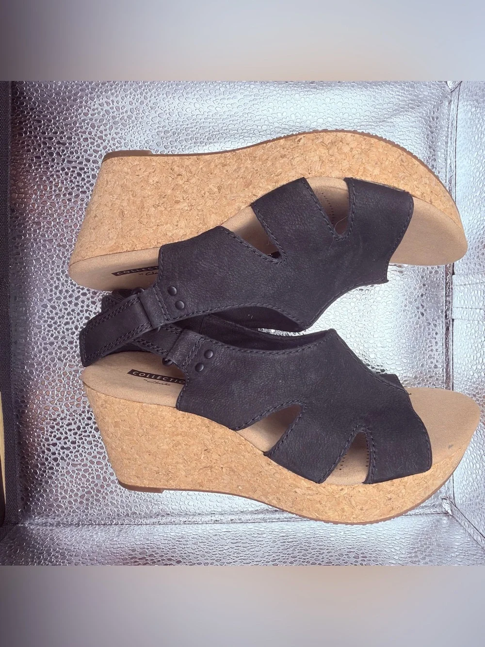 Clarks Black Suede Slingback Wedge Sandals